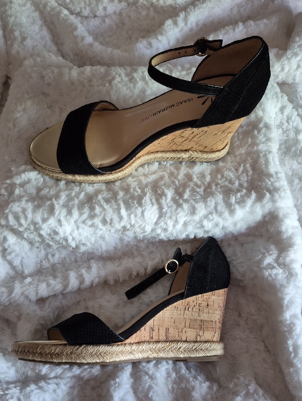 🎈Isaac Mizrahi Black Cork Espadrille Wedge Sandals